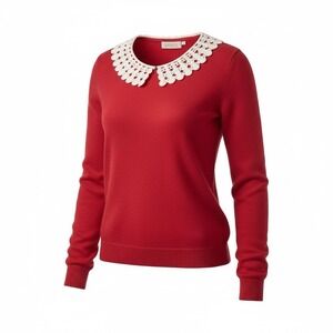Norton McNaughton Vintage Sweater Crochet Pearl Collar Petite PXL Red Knit